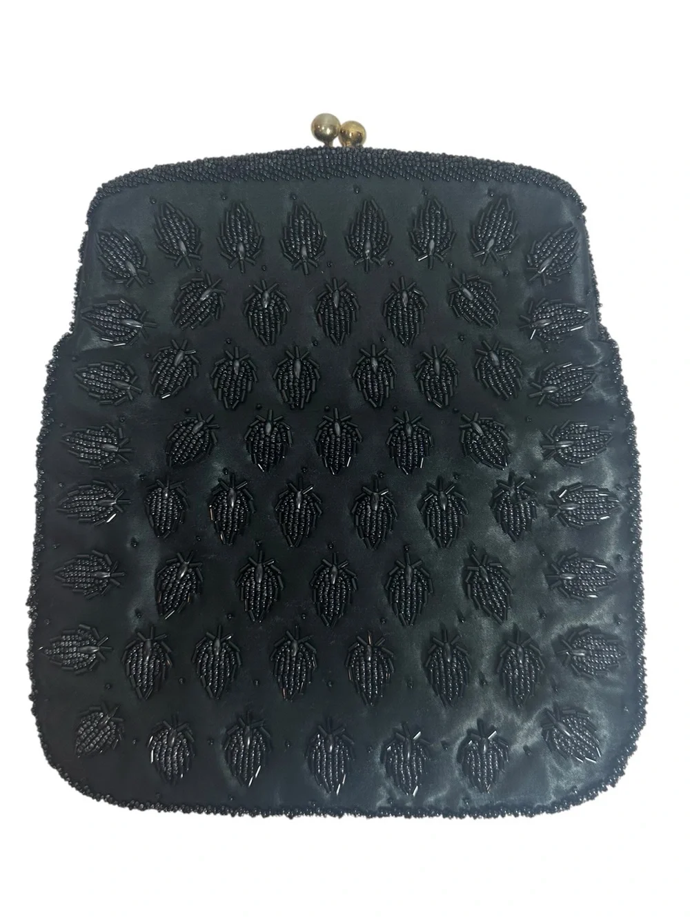 VINTAGE Black Satin Beaded Fold Over Clutch Bag with Brass Kiss Lock Closure
